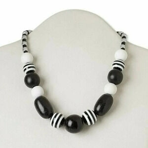 Retro Black and White Stripes Wood and Resin 16" Choker Necklace